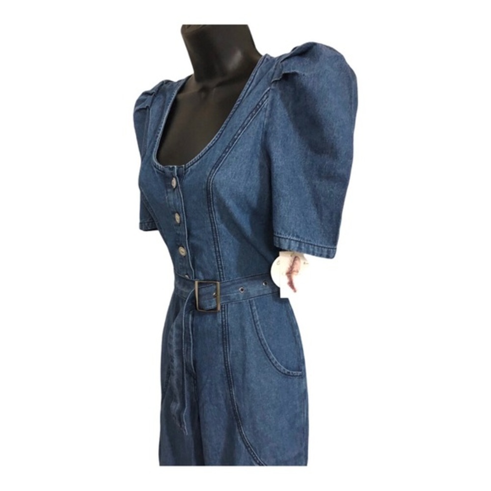 Jessica Simpson blue jeans denim puff sleeve adjustable hem jumpsuit size XS new - Picture 2 of 16